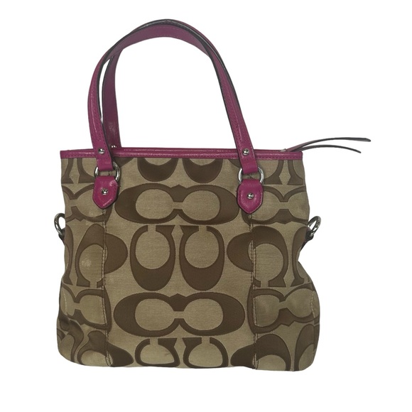 Coach Khaki & Bright Magenta Daisy Outline Signature Mia Tote Bag & Wallet - Picture 2 of 16